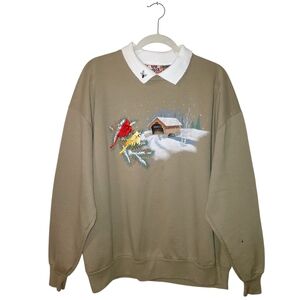 Vintage Top Stitch By Morning Sun Beige Sweater Embroidered Cardinal Snow Scene